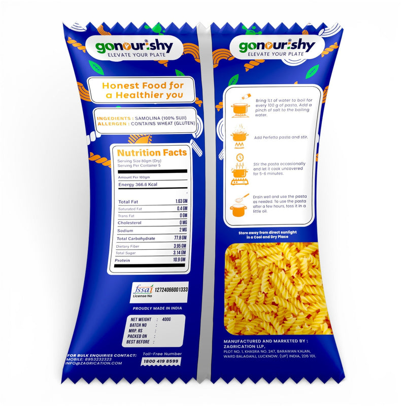 100% Sooji Fusilli Pasta – 400 gm - 100% Sooji - gonourishy estore