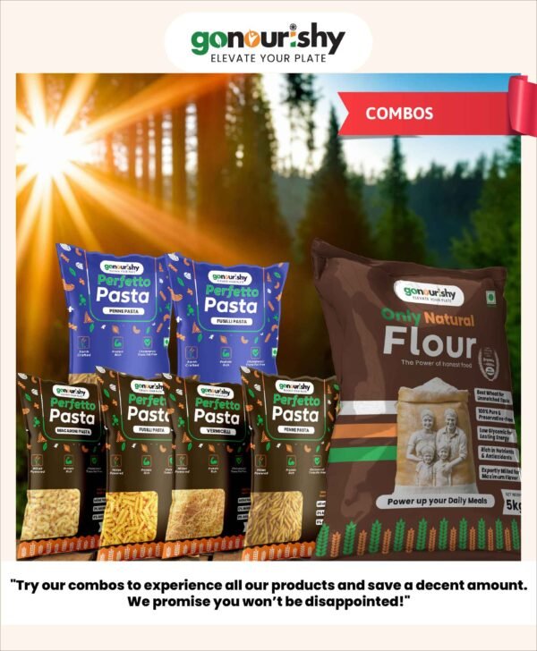 gonourishy 100% sharbati aata / flour and sooji / semolina pasta combo 777 product image mountain backdrop