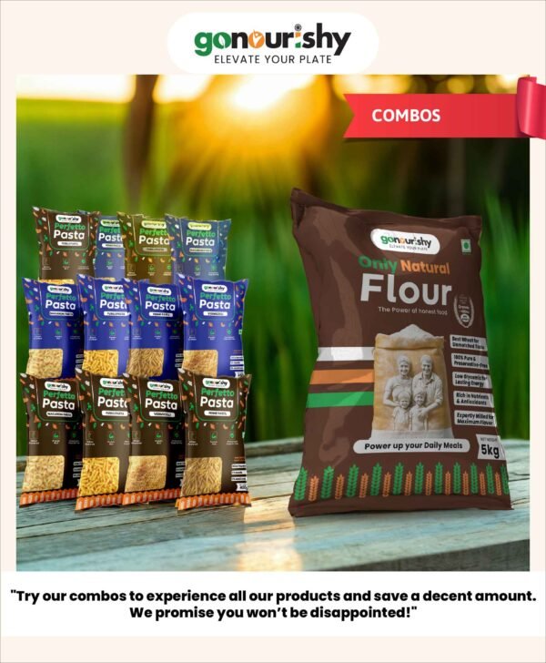 gonourishy 100% sharbati aata / flour and sooji / semolina pasta combo 1200 product image farm field backdrop