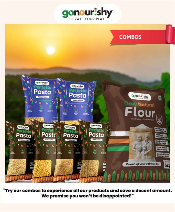 gonourishy 100% sharbati aata / flour and sooji / semolina pasta product image mountain backdrop