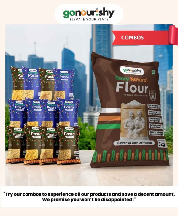 gonourishy 100% sharbati aata / flour and sooji / semolina pasta combo 1200 product image modern city backdrop