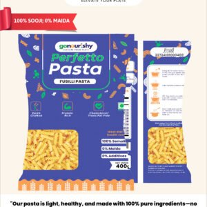 gonourishy 100% sooji pasta fusilli shaped product image plain backdrop front view front over back