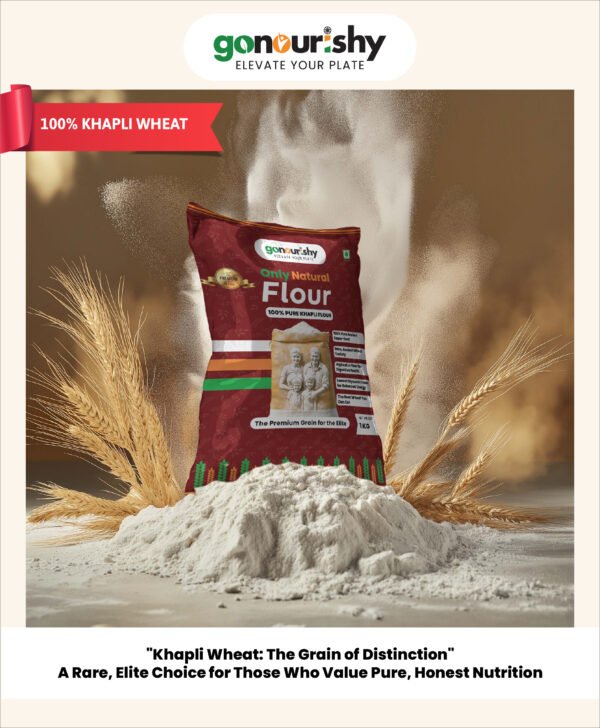 gonourishy 100% khapali aata / flour product image on flour stack backdrop front view