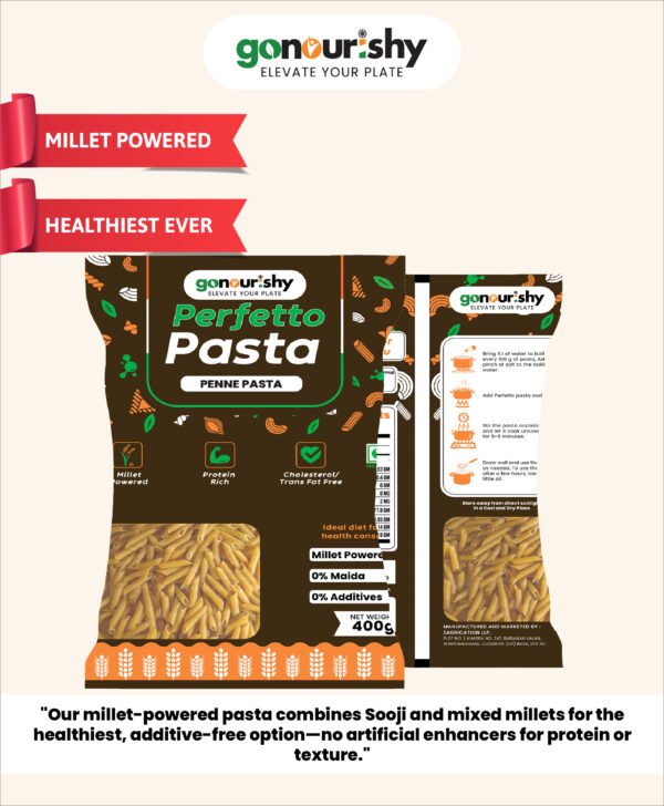 gonourishy 100% sooji pasta peene shaped with healthy millets product image plain backdrop front view