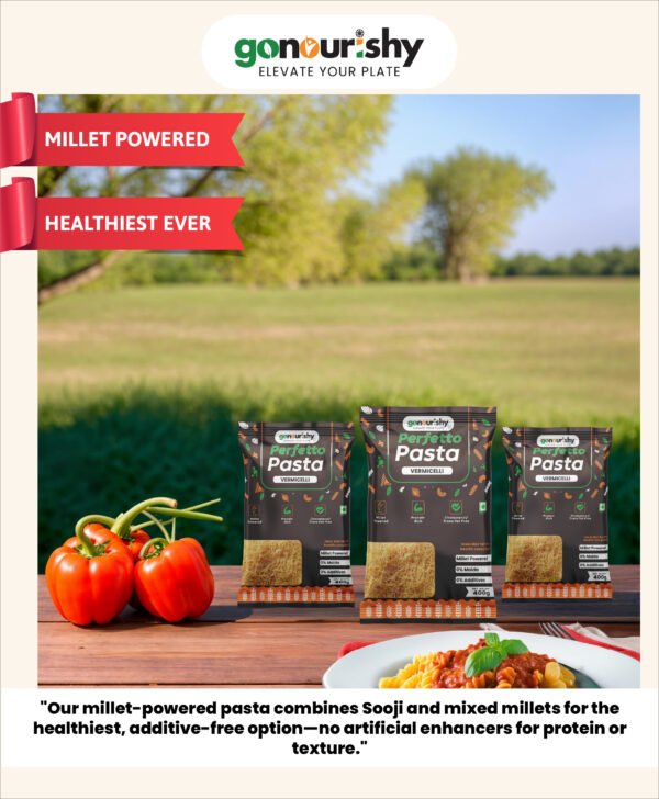 gonourishy 100% pasta with millets product image field backdrop