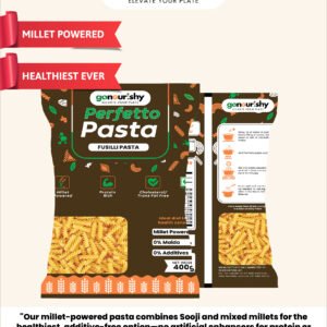 gonourishy 100% sooji pasta fusilli shaped with healthy millets product image plain backdrop front over back view